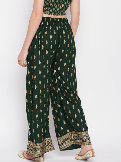 Clora Bottle Green Printed Straight Palazzo