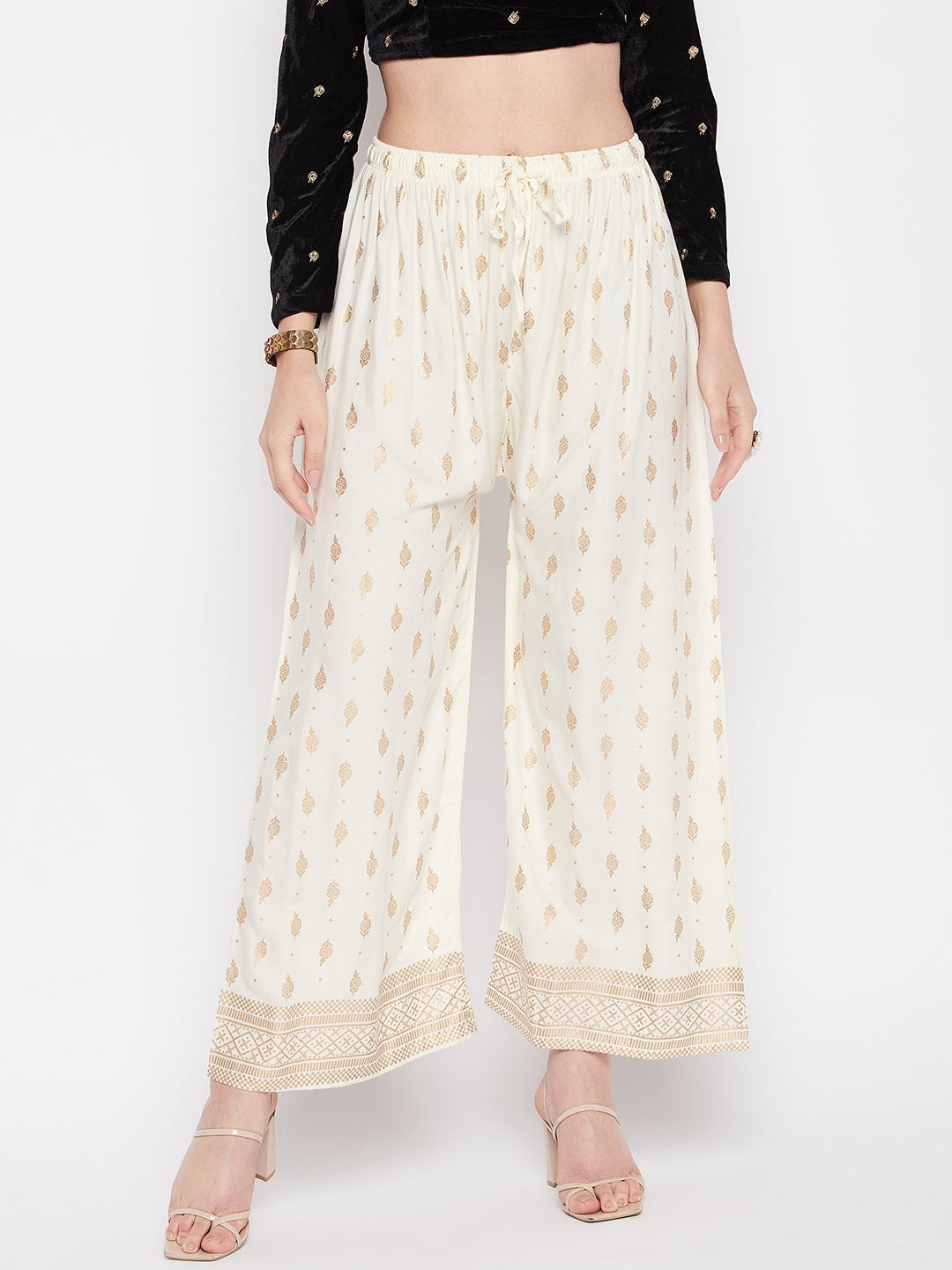 Clora Cream Printed Straight Palazzo
