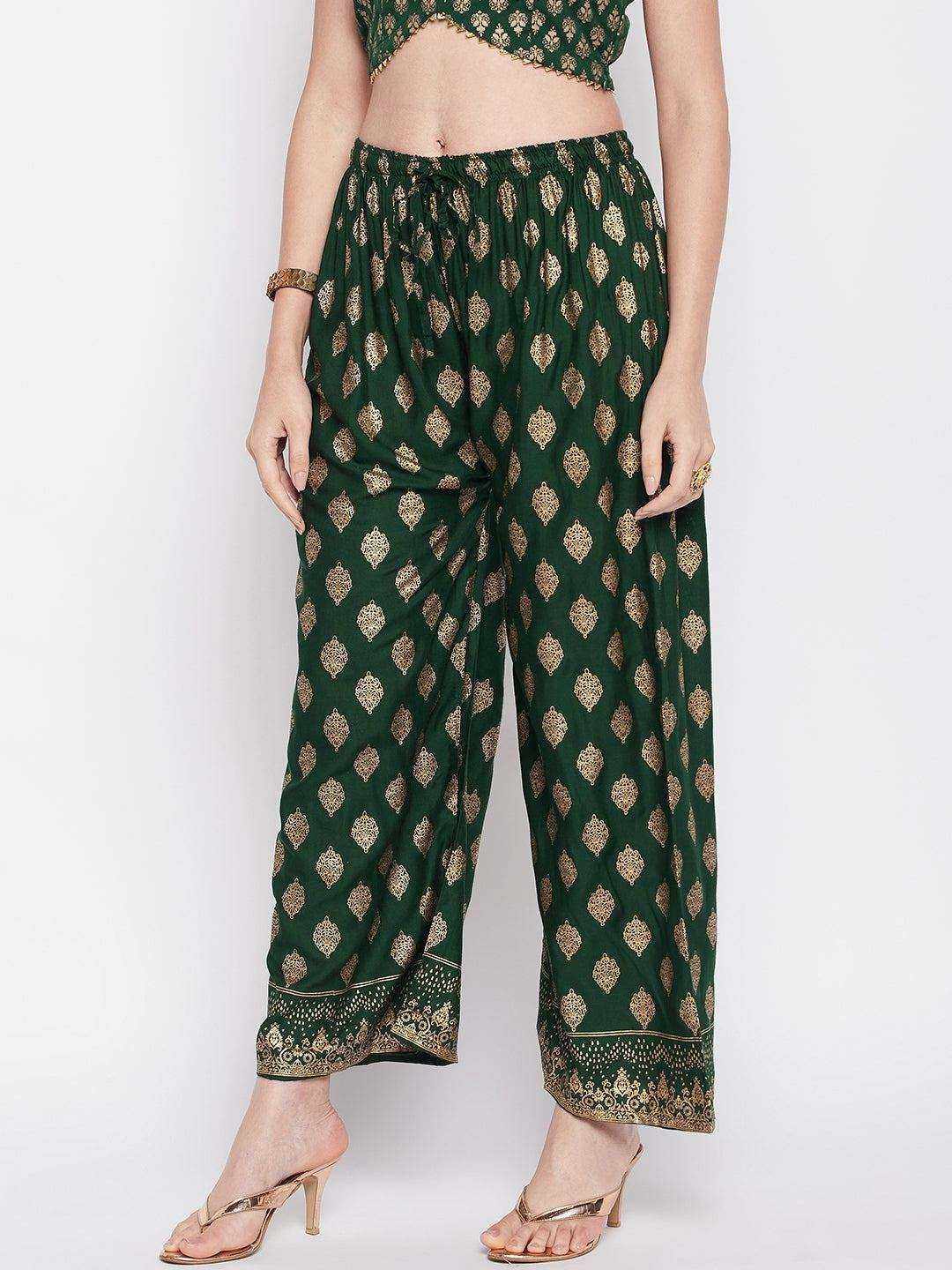 Clora Bottle Green Printed Rayon Straight Palazzo