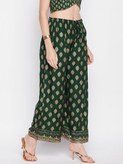 Clora Bottle Green Printed Rayon Straight Palazzo