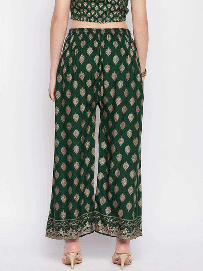 Clora Bottle Green Printed Rayon Straight Palazzo