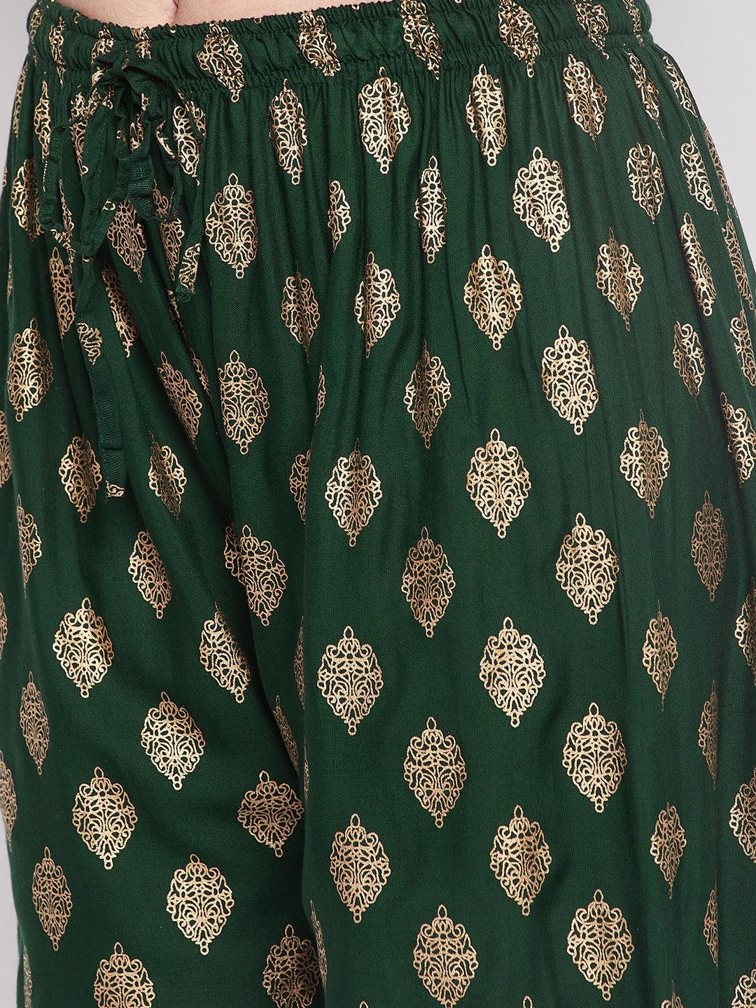 Clora Bottle Green Printed Rayon Straight Palazzo