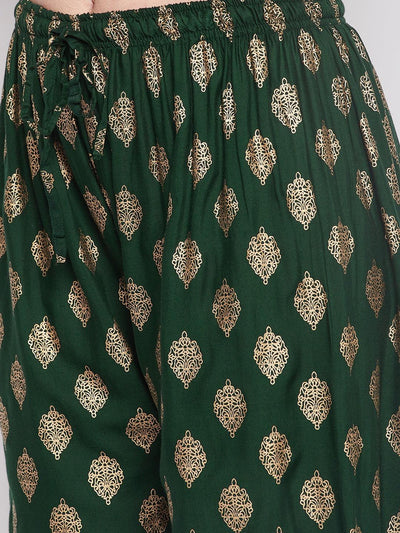 Clora Bottle Green Printed Rayon Straight Palazzo