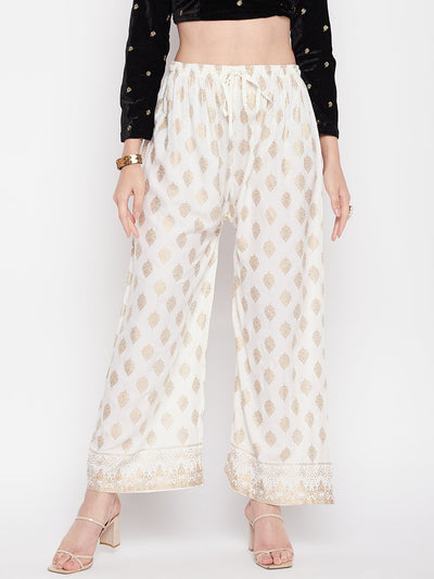 Clora Cream Printed Rayon Straight Palazzo