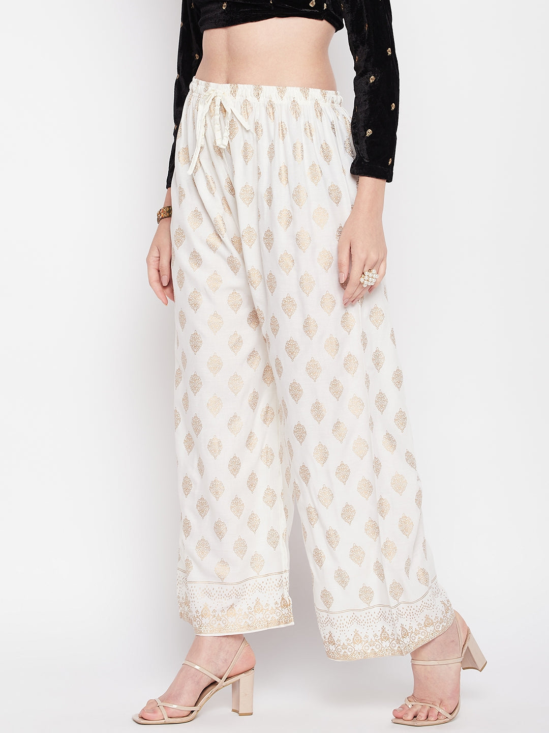 Clora Cream Printed Rayon Straight Palazzo