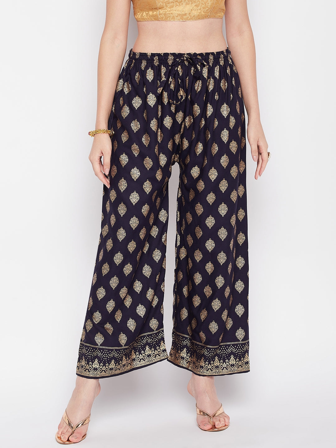 Clora Navy Blue Printed Rayon Straight Palazzo