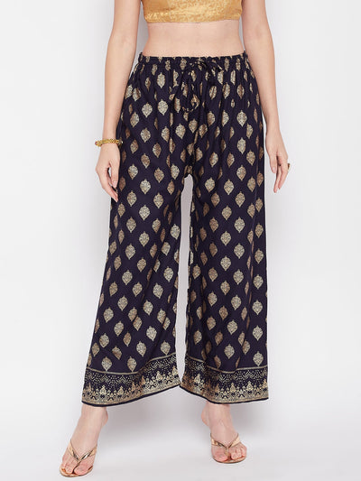 Navy Blue Printed Rayon Straight Palazzo with Elasticated Waistband and Drawstring.