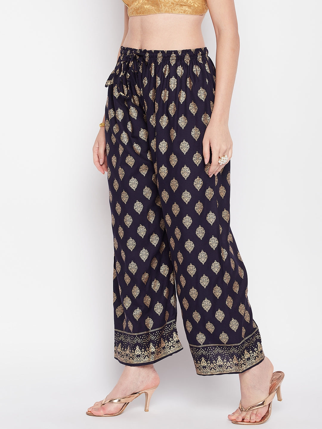 Clora Navy Blue Printed Rayon Straight Palazzo