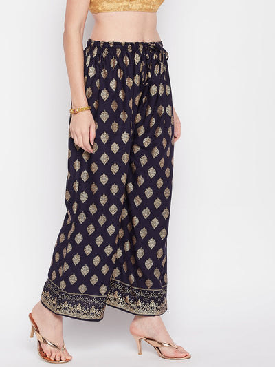 Clora Navy Blue Printed Rayon Straight Palazzo