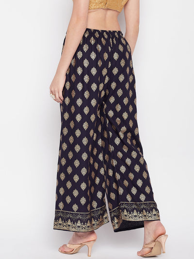 Clora Navy Blue Printed Rayon Straight Palazzo