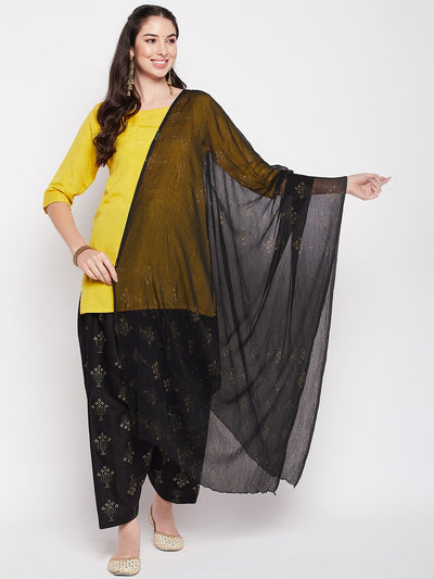 Black printed cotton salwar and chiffon dupatta set with drawstring waistband.