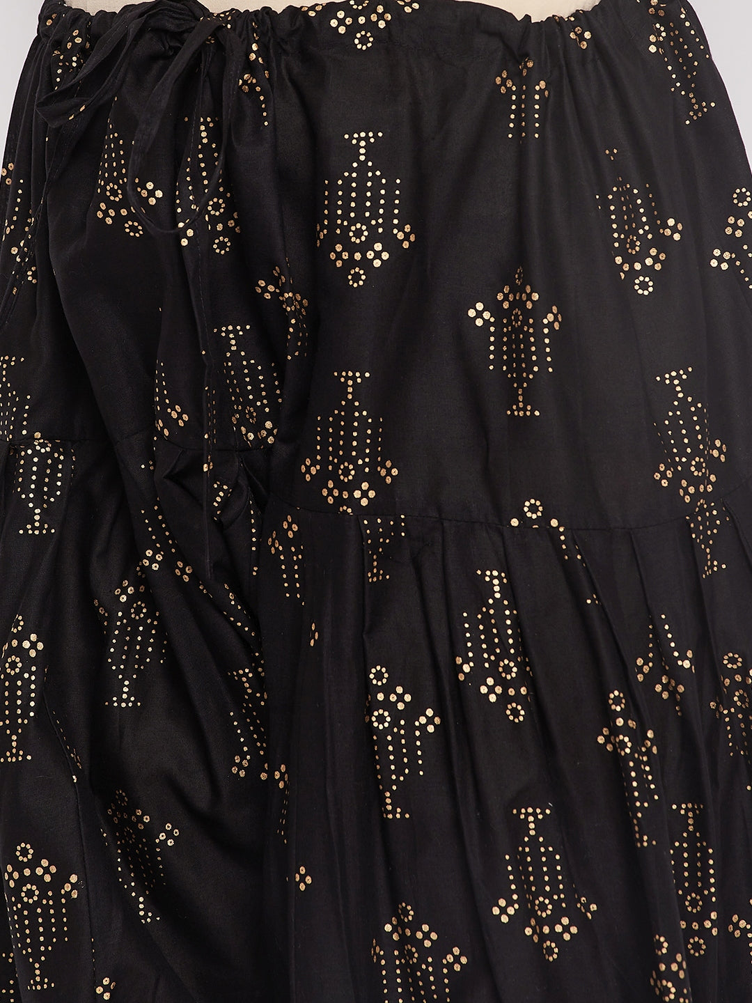 Black printed cotton salwar with drawstring waistband and printed chiffon dupatta.