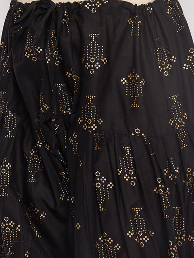 Black printed cotton salwar with drawstring waistband and printed chiffon dupatta.