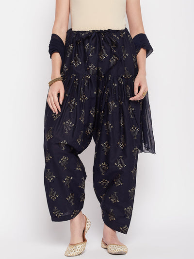 Navy blue printed cotton salwar with chiffon dupatta and drawstring waistband.