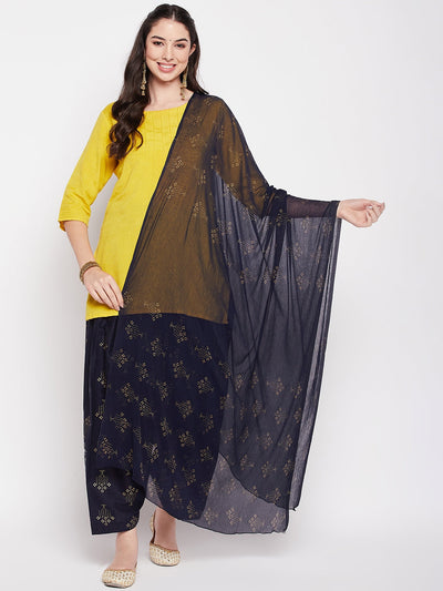 Navy Blue Printed Cotton Salwar with Chiffon Dupatta and Drawstring Waistband.