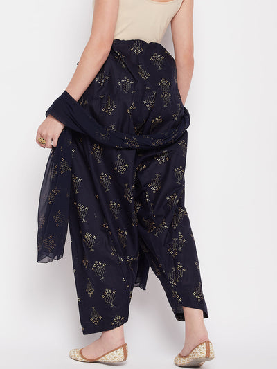 Navy Blue Printed Cotton Salwar with Chiffon Dupatta and Drawstring Waistband.