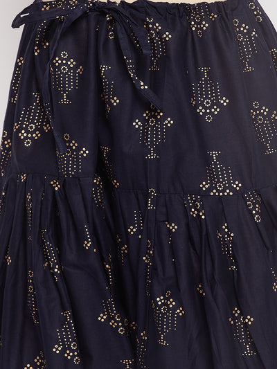 Navy blue printed cotton salwar with gold accents and drawstring waistband.