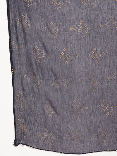 Navy Blue Printed Cotton Salwar and Dupatta with Chiffon detailing.