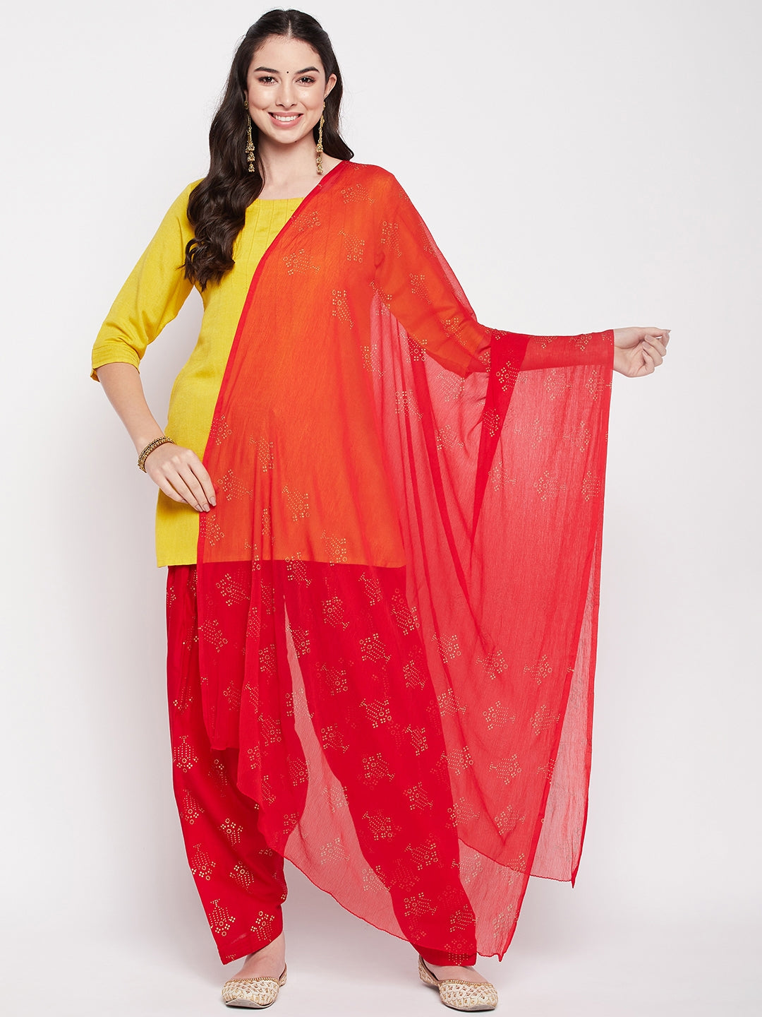 Red Printed Cotton Salwar with Chiffon Dupatta