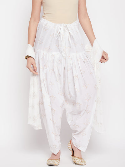 White printed cotton salwar and dupatta with drawstring waistband.