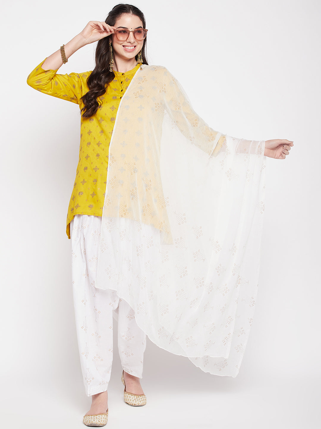 White printed cotton salwar and chiffon dupatta with drawstring waistband.