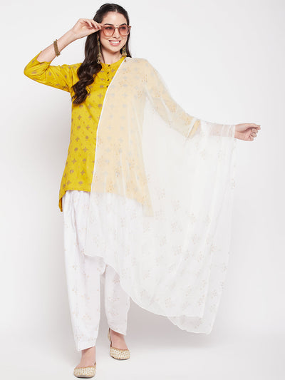 White printed cotton salwar and chiffon dupatta with drawstring waistband.