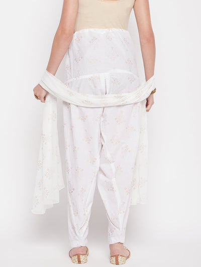 White printed cotton salwar and chiffon dupatta with drawstring waistband.