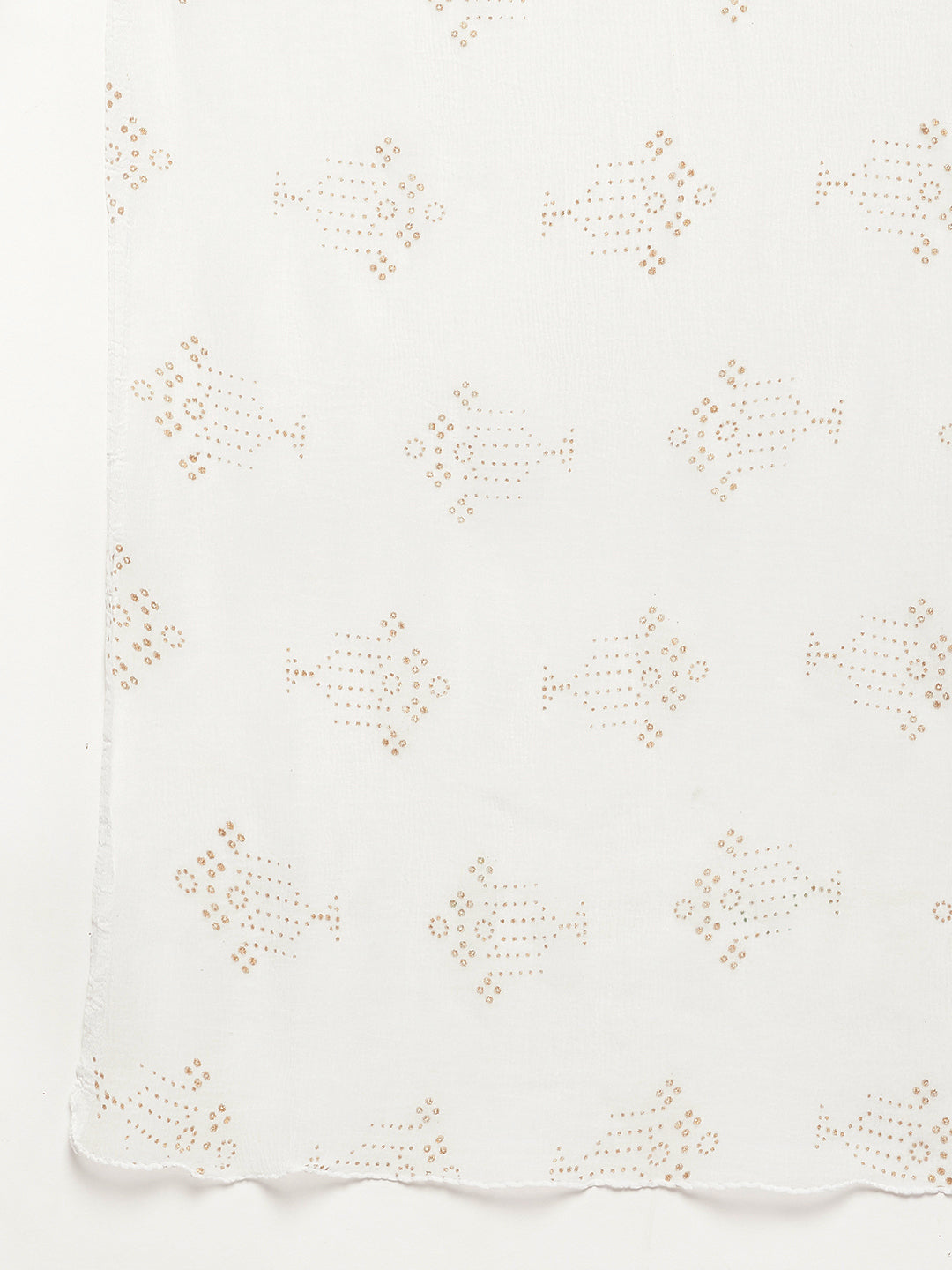 White printed cotton salwar with chiffon dupatta and drawstring waistband.