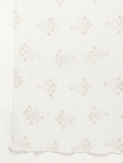 White printed cotton salwar with chiffon dupatta and drawstring waistband.