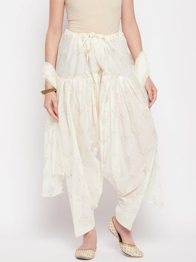 Off-White printed cotton salwar with chiffon dupatta and drawstring waistband.