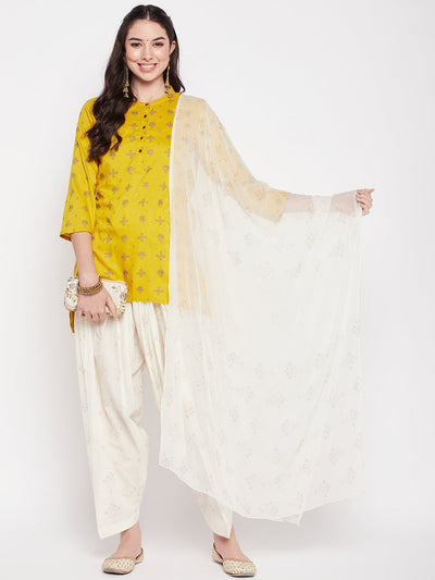 Off-White printed cotton salwar and dupatta with drawstring waistband.
