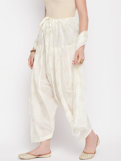 Off-White printed cotton salwar with matching chiffon dupatta.