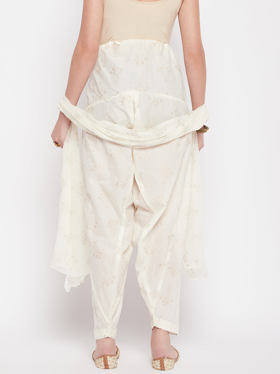Off-White Printed Cotton Salwar and Dupatta with Chiffon Dupatta, Loose Fit Design.