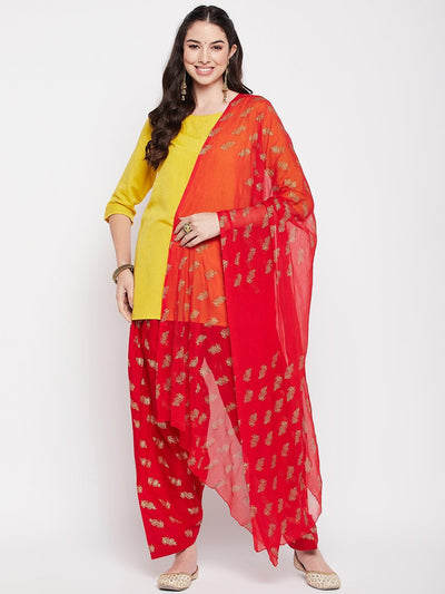 Red printed cotton salwar with chiffon dupatta and drawstring waistband, loose fit design.