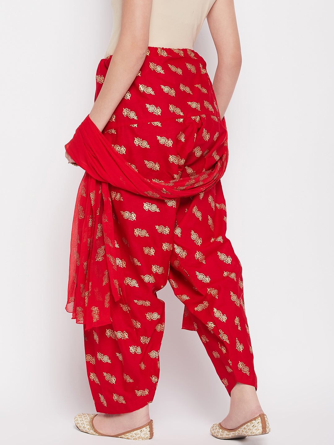 Red printed cotton salwar and chiffon dupatta with drawstring waistband.