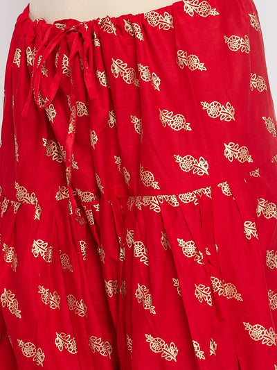 Red printed cotton salwar with drawstring waistband detail.