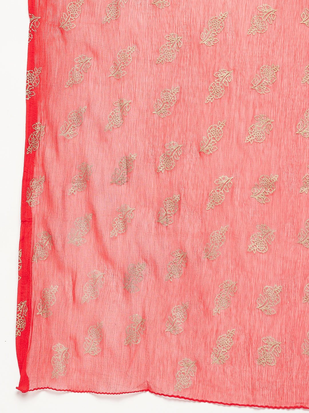 Red printed cotton salwar with chiffon dupatta and drawstring waistband.