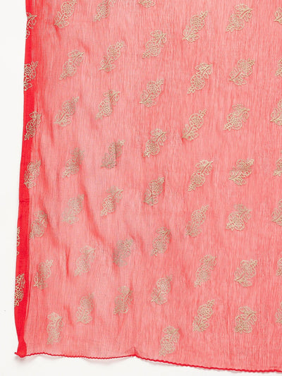 Red printed cotton salwar with chiffon dupatta and drawstring waistband.