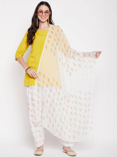 White printed cotton salwar and chiffon dupatta with drawstring waistband.