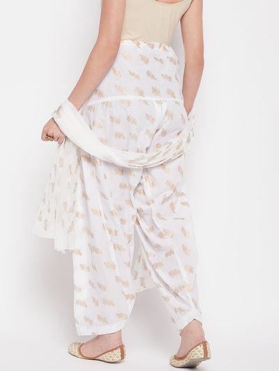 White printed cotton salwar with chiffon dupatta and drawstring waistband.
