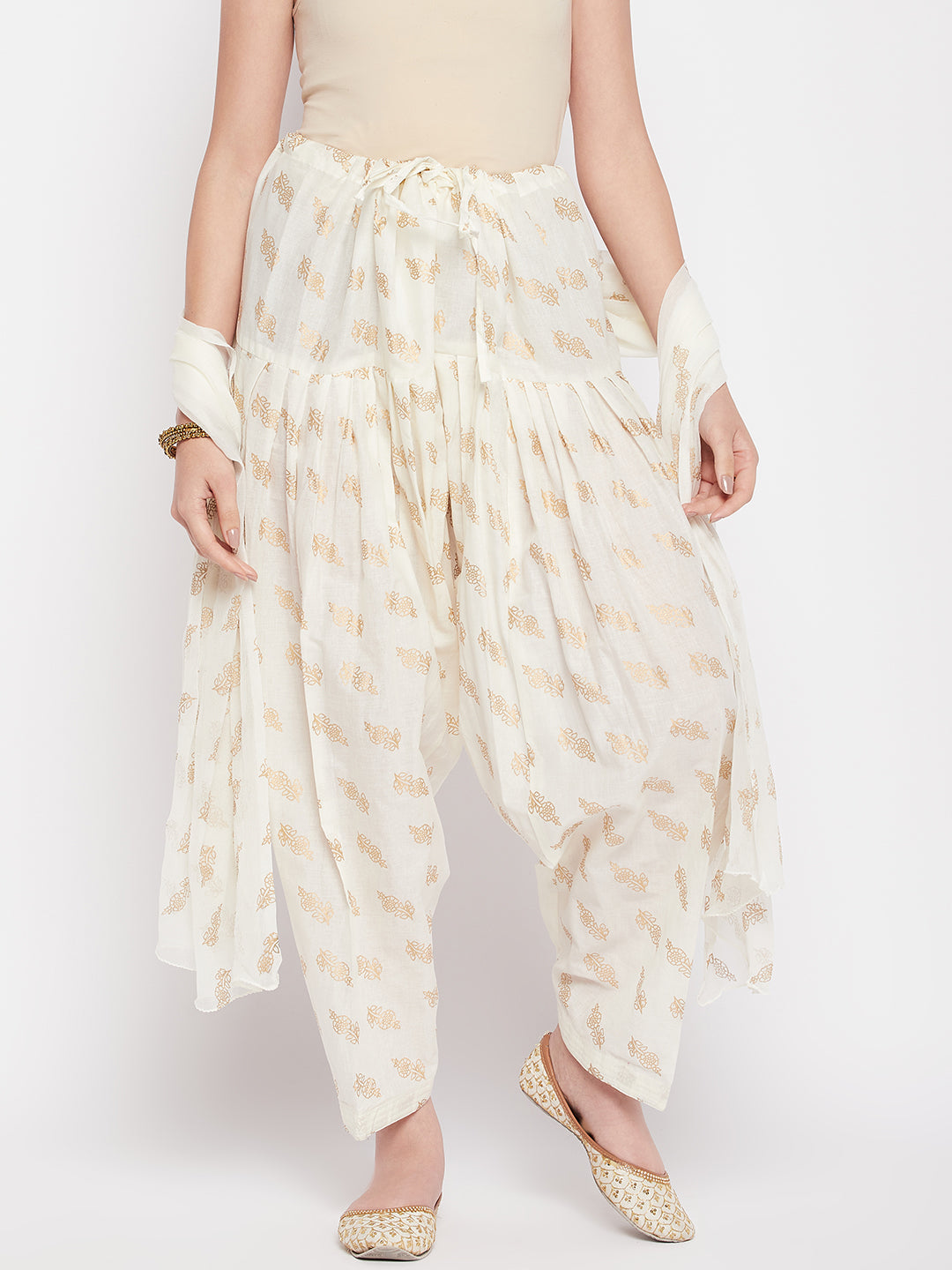 Off-white printed cotton salwar and dupatta with drawstring waistband.