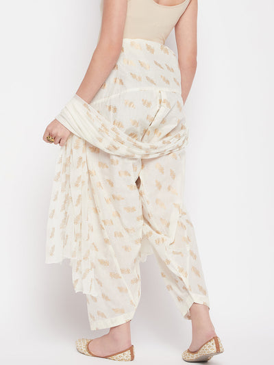 Off-White printed cotton salwar with chiffon dupatta and drawstring waistband.