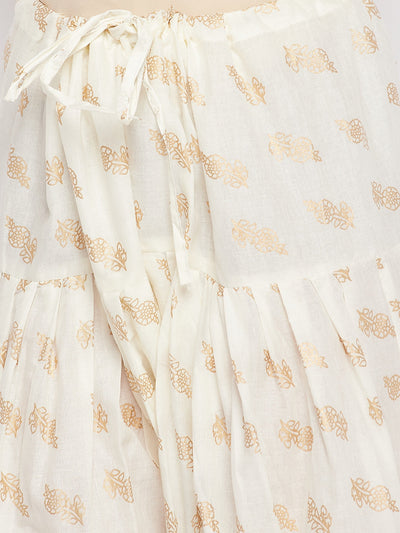 Off-White printed cotton salwar with floral design and drawstring waistband.