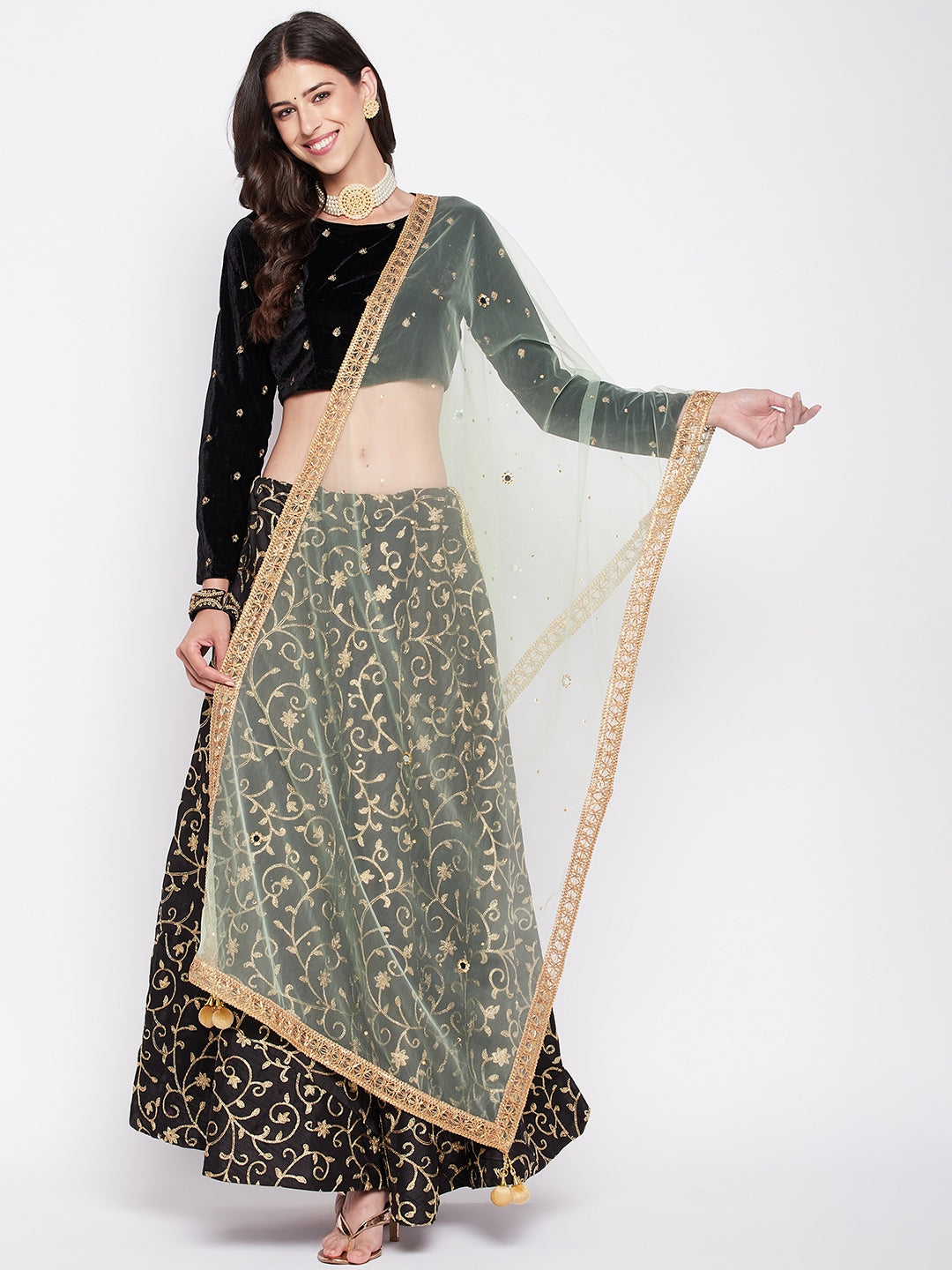 Clora Pista Green Gotta Patti Net Dupatta with Sequinned