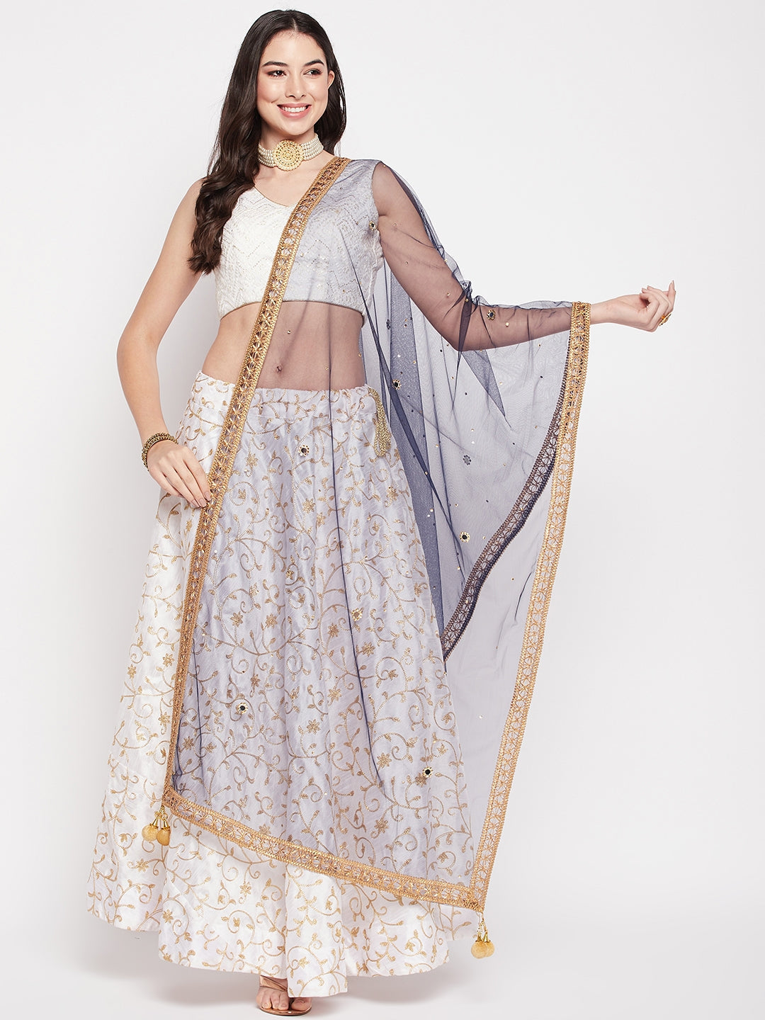 Clora Navy Blue Gotta Patti Net Dupatta with Sequinned