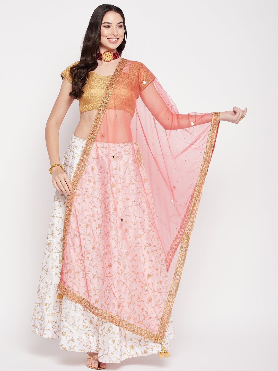 Pink Gotta Patti net dupatta with sequinned ethnic motifs and embellished border.