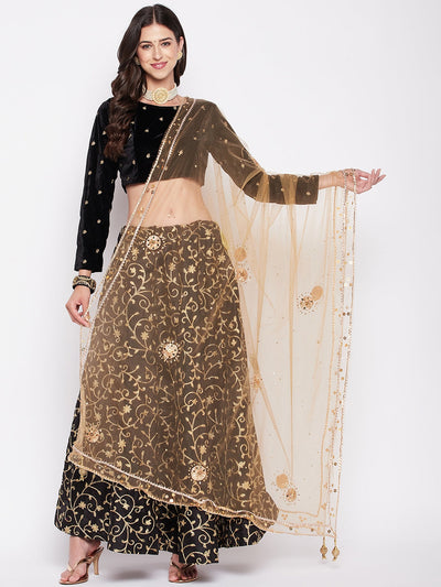 Fawn embellished net dupatta with gotta patti and sequinned ethnic motifs.