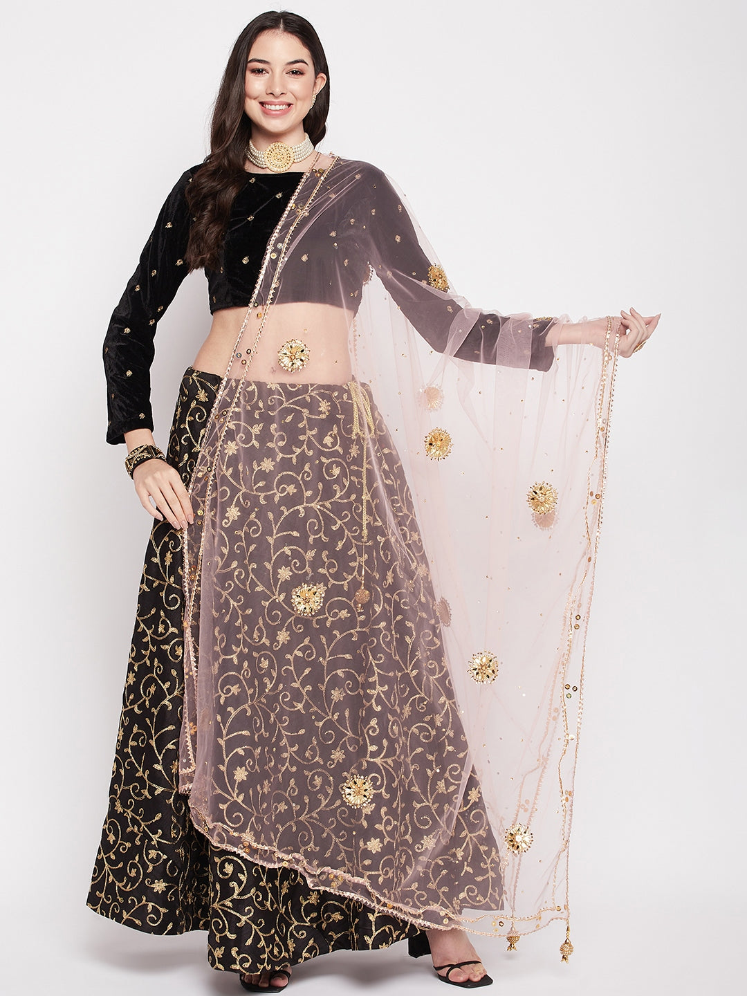 Baby Pink Embellished Net Dupatta with Gotta Patti and Sequinned Ethnic Motifs