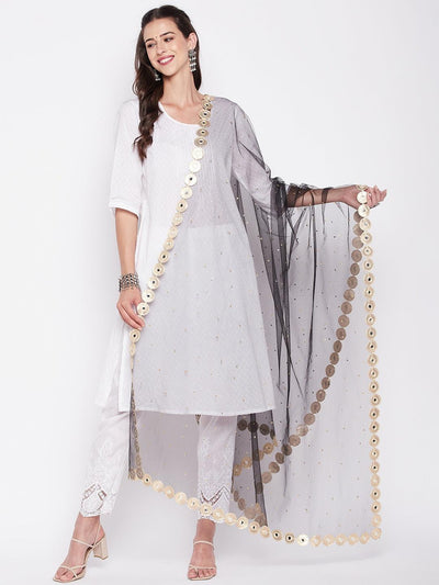 Black embellished net dupatta with sequinned and embellished border.