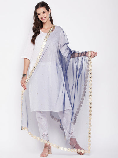 Navy Blue Embellished Net Dupatta with Sequinned Border
